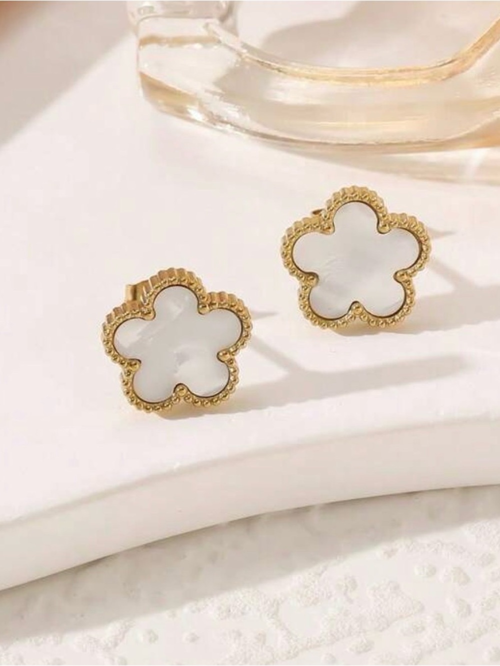 Gold Flower Outline Stud Earrings with White stainless steel non tarnish